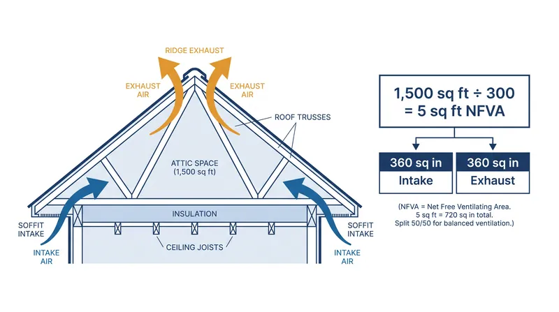 A balanced ventilation system splits the required Net Free Vent Area equally between the eaves and the ridge.