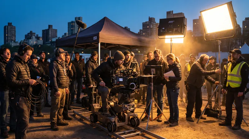 A film production crew adjusting a large cinema camera on a dolly track at dusk.