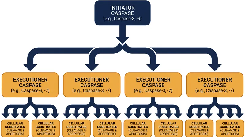 Initiator caspases trigger an exponential amplification cascade, ensuring the death sequence is irreversible.