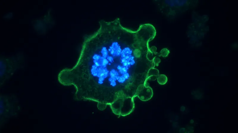 High-magnification view of a cell undergoing apoptosis with bright blue chromatin and green fragmented membrane.