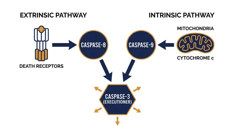 The extrinsic and intrinsic pathways rely on different triggers but converge on the same executioner enzymes.