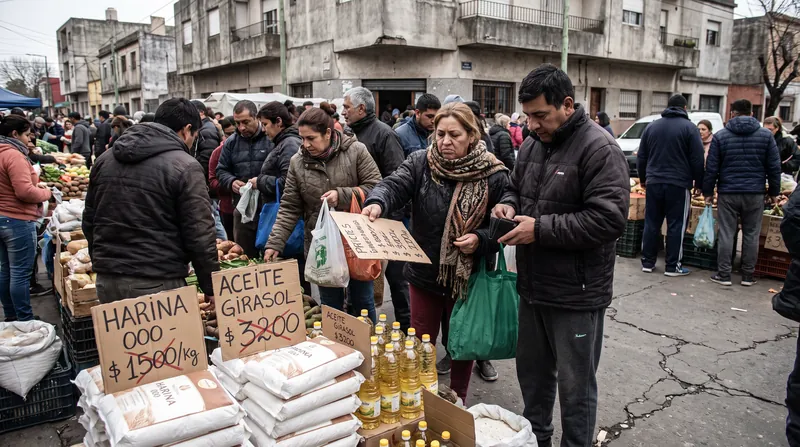 People shopping at a bustling outdoor street market in a working-class neighborhood of Buenos Aires.