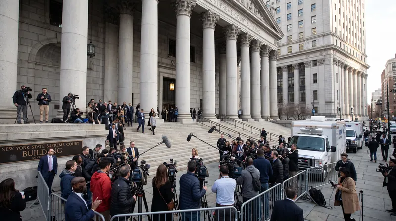 Exterior of the Manhattan Criminal Court building with stone columns and steps.