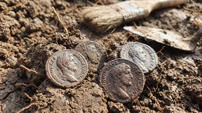 A collection of tarnished silver Roman coins resting in dark soil during an archaeological excavation.