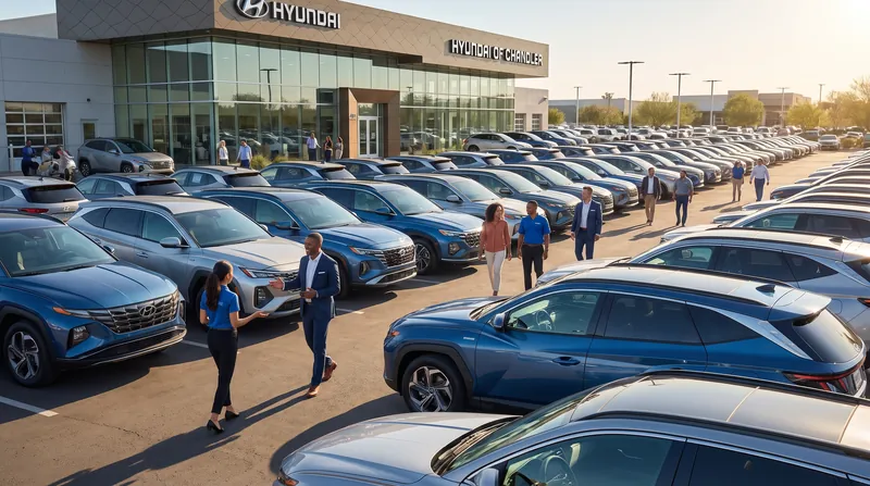 Rows of new Hyundai hybrid SUVs parked on a bright dealership lot with customers walking.