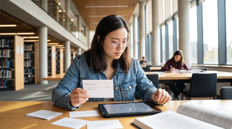 A student looking focused while studying with physical flashcards and a digital tablet in a bright library.