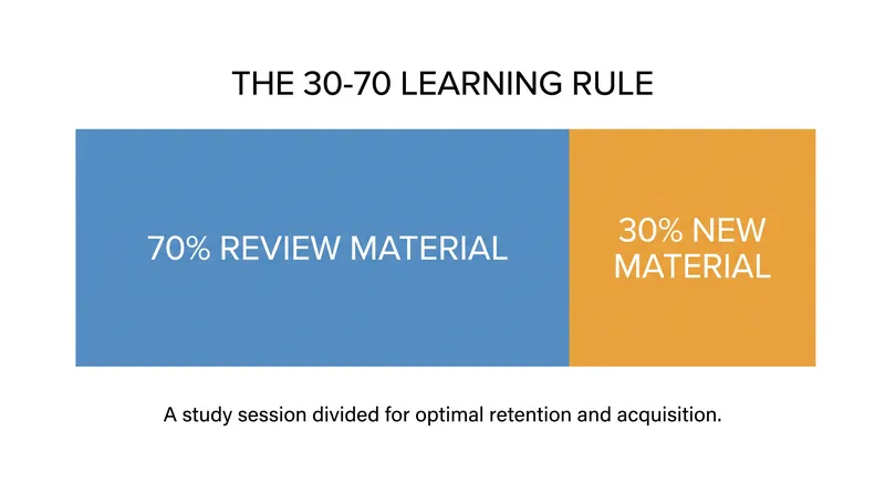 The optimal study session dedicates the vast majority of time to retrieving previously learned concepts.