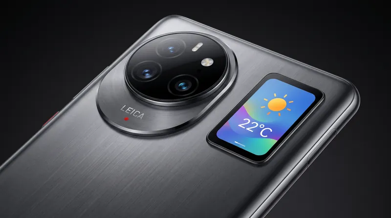 The rear of the Xiaomi 18 Pro features a secondary OLED display alongside its dual 200-megapixel Leica camera system.