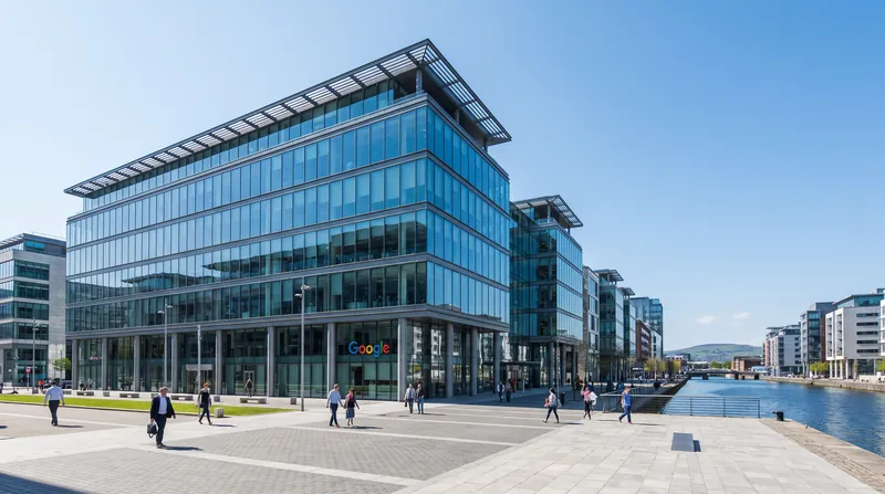 Exterior view of the Google European headquarters building in Dublin, Ireland on a clear day.
