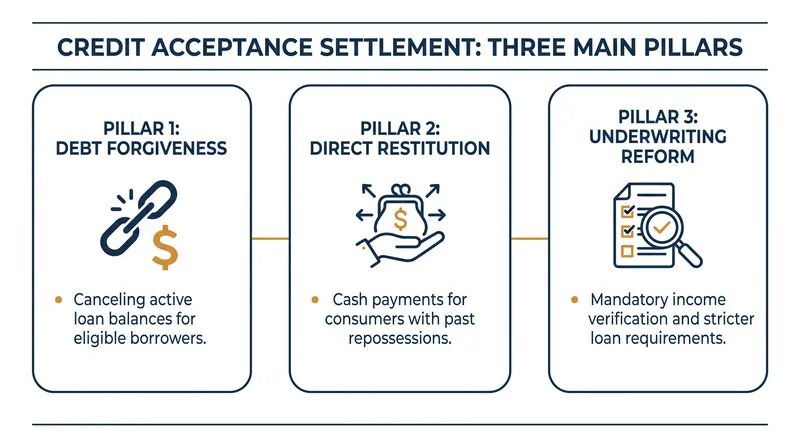 The agreement mandates both retroactive financial relief and forward-looking structural changes to the lender's underwriting process.