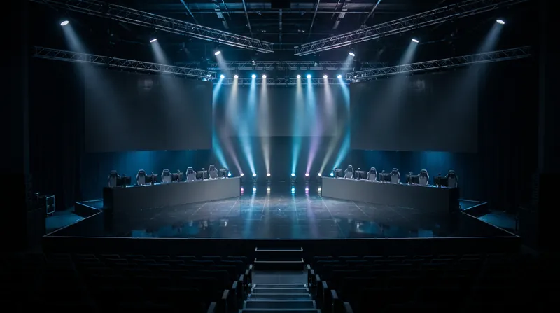 An empty, dimly lit esports arena stage with dormant monitors and gaming chairs under blue lights.