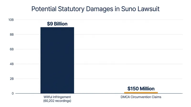 Potential statutory damages under US copyright law based on the 60,202 recordings identified in the complaint.