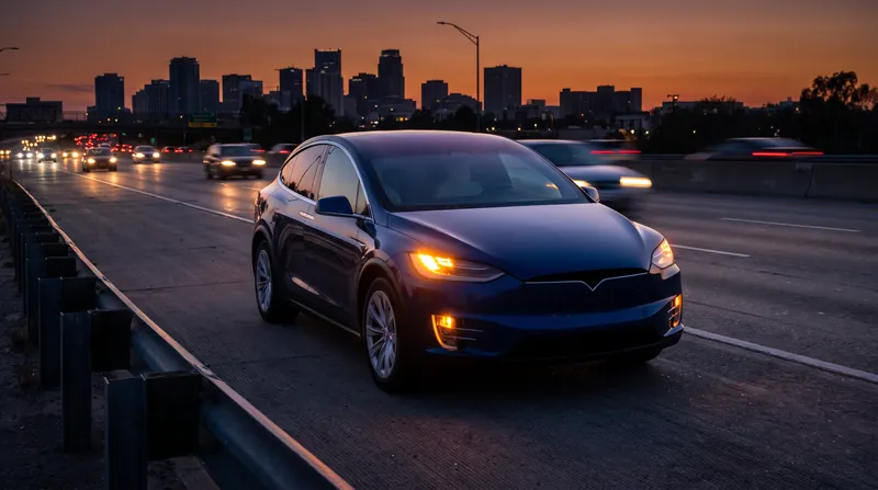A modern autonomous vehicle parked safely on the shoulder of a highway at dusk with hazard lights flashing.
