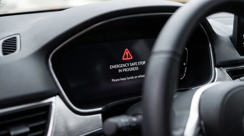 During a sensor failure, the vehicle's fallback computer calculates a conservative braking trajectory.