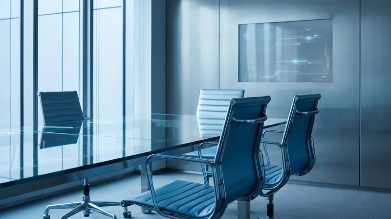 A modern, austere boardroom with three empty chairs around a glass table under cool blue lighting.