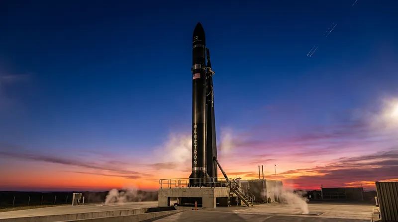 A Rocket Lab Electron rocket stands vertically on a launch pad at dusk with support infrastructure.