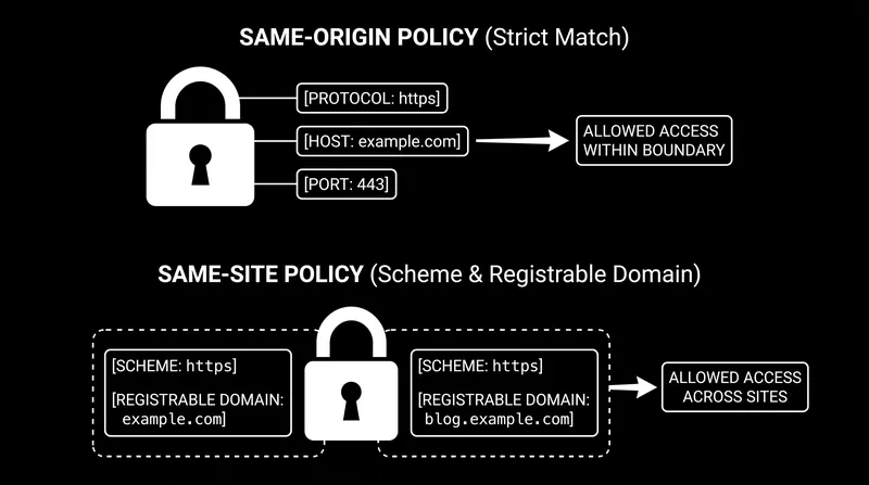 Same-Origin requires a strict triple match, while Same-Site evaluates only the scheme and registrable domain.