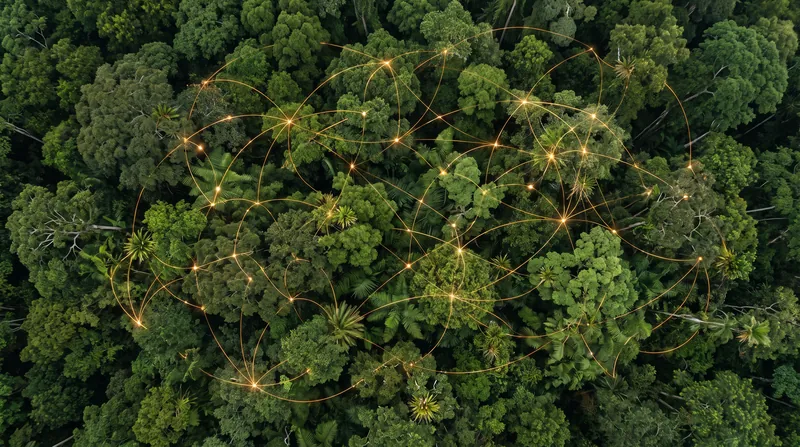 A dense tropical rainforest canopy viewed from above with a glowing mathematical network graph overlaid.
