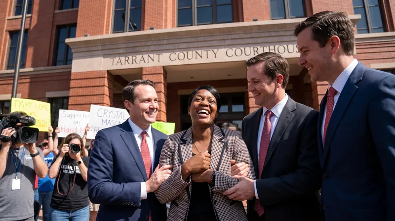 Crystal Mason standing outside a Texas courthouse with her legal team, smiling in relief.
