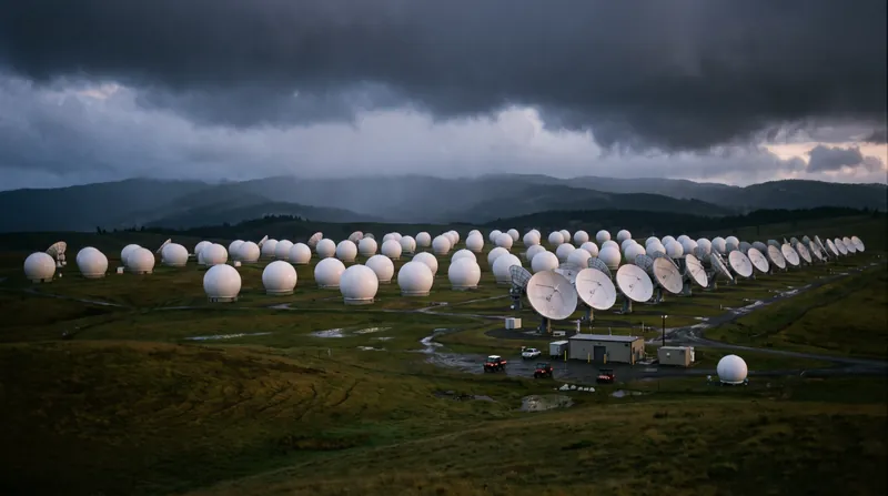 Multiple white satellite dish antennas arranged in a field under a cloudy sky.