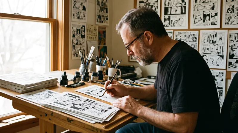 A comic book artist works meticulously at a drafting table surrounded by ink bottles and illustration boards.