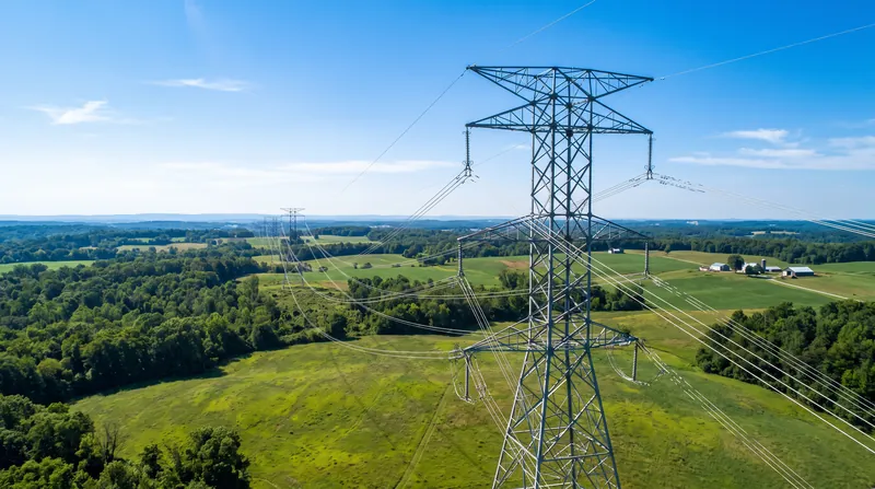 A tall steel high-voltage transmission tower carrying multiple power lines across a green rural landscape.