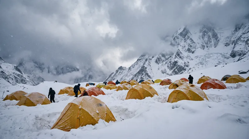 Yellow and orange expedition tents half-buried in deep snow at a Himalayan base camp during a storm.