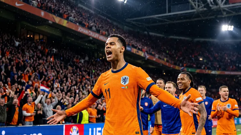 Cody Gakpo of the Netherlands shouts in celebration after scoring a late volley against Germany.