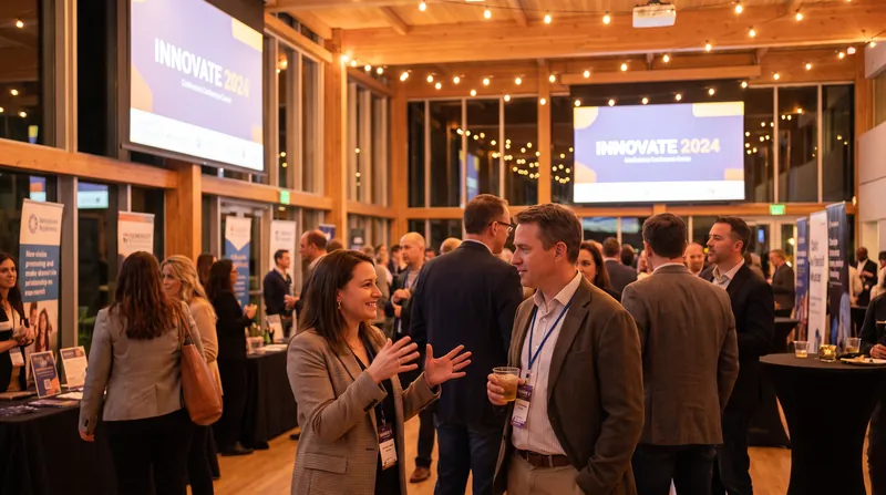 Two professionals in business attire conversing at a crowded networking event in a modern conference hall.