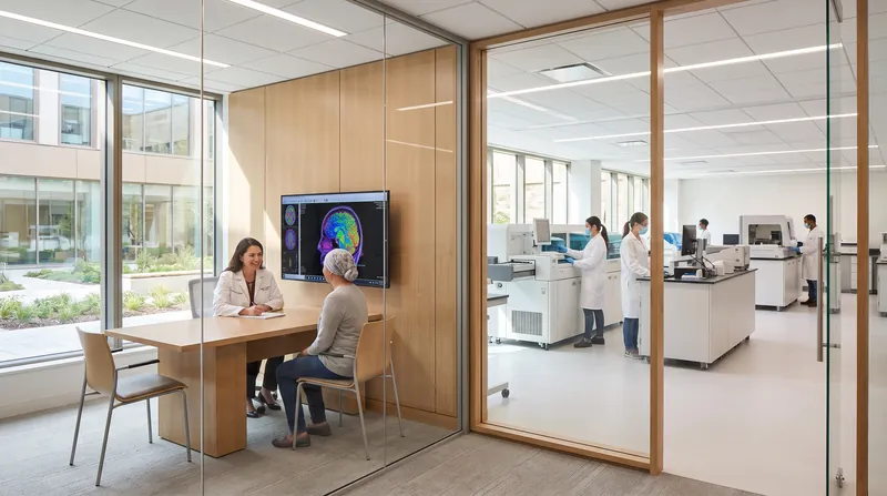 A brightly lit, modern oncology clinic room featuring advanced medical equipment and a clean, professional environment.