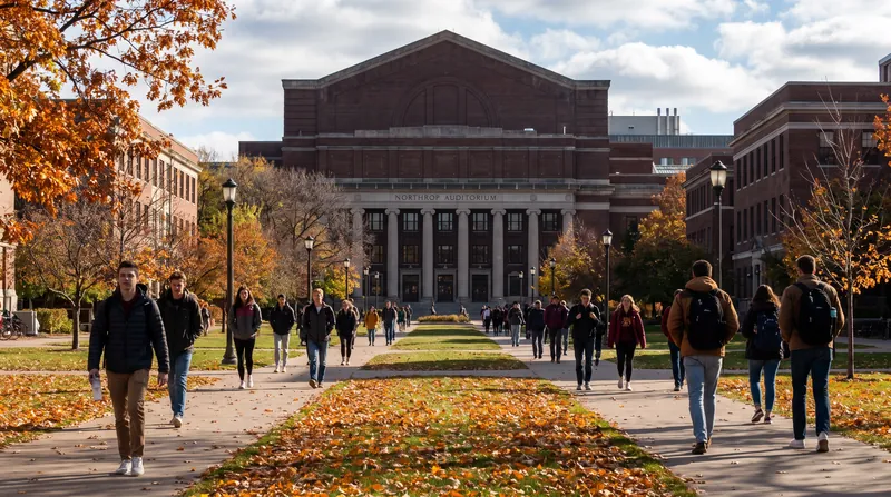 Students walking along tree-lined brick pathways on the University of Minnesota campus during autumn.