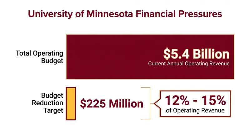 The targeted $225 million reduction represents between 12% and 15% of the university’s allocated operating revenue.