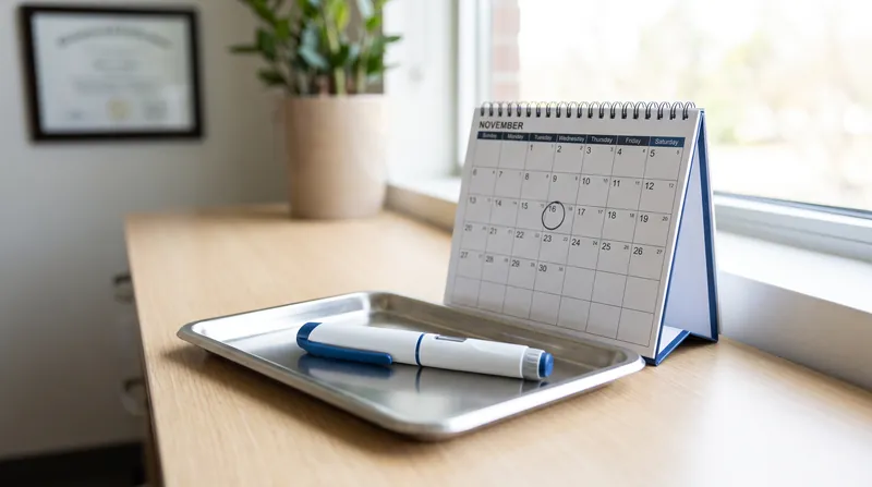 A modern insulin injection pen resting on a medical tray next to a calendar.