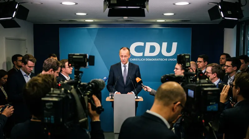 German Chancellor Friedrich Merz speaking at a podium with the CDU logo in the background.