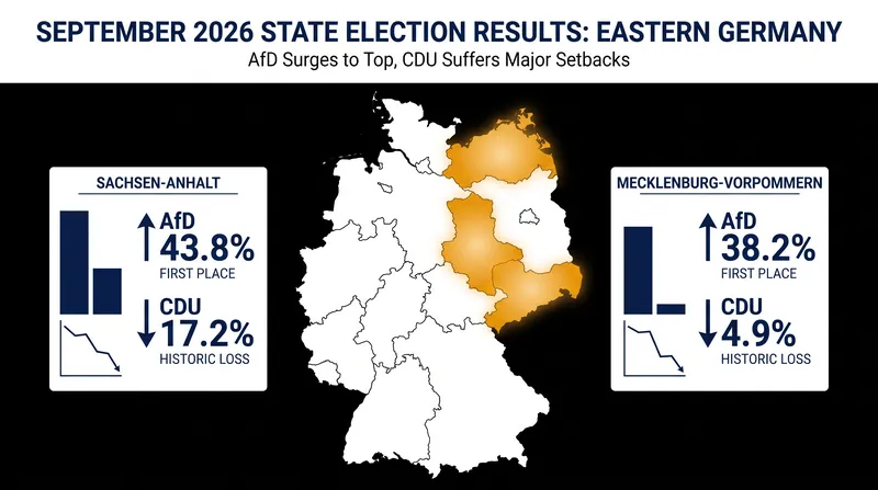 The Alternative for Germany (AfD) secured unprecedented vote shares in two eastern state elections, while the CDU collapsed to historic lows.