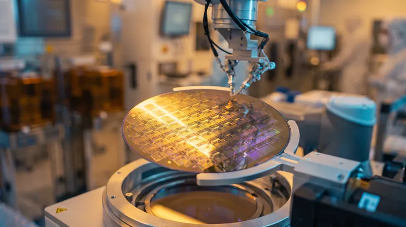 A circular silicon wafer reflecting amber and purple light inside a high-tech semiconductor cleanroom.