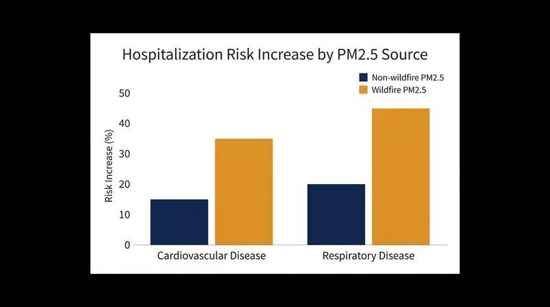 At equivalent concentrations, wildfire-related PM2.5 drives larger increases in hospital admissions than pollution from traffic or industry.