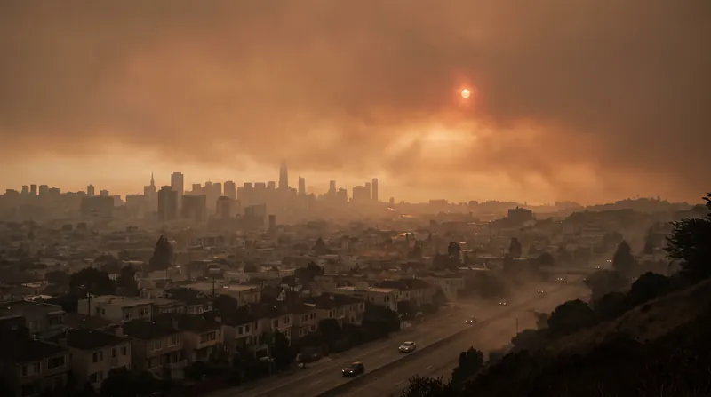 A dense layer of orange wildfire smoke hanging over a residential neighborhood skyline.