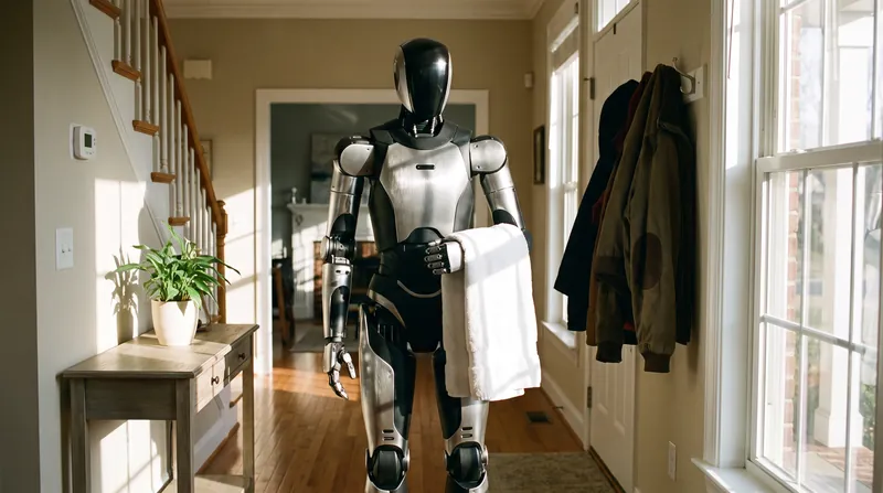 A modern humanoid robot with a metallic chassis standing in a residential home holding a towel.