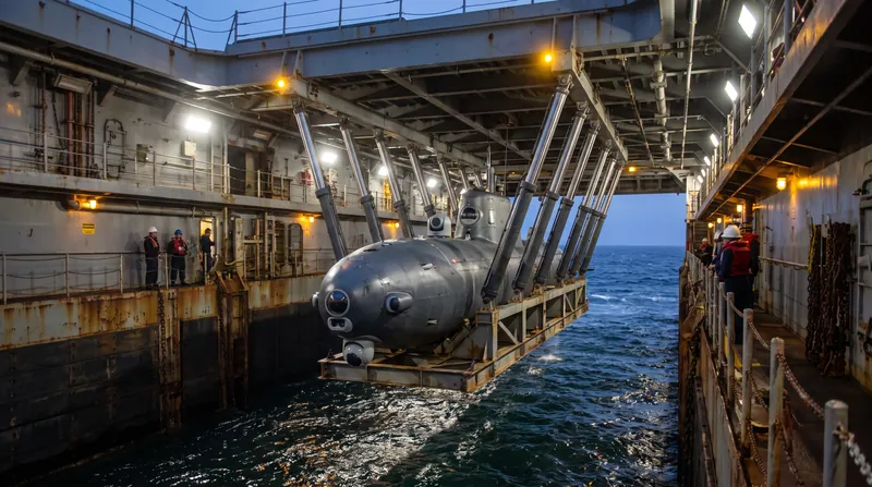 The mothership reportedly uses a specialized cradle and 12 vertical jack-up arms to lower the drones through the hull.