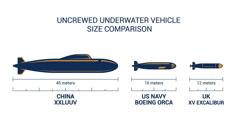 China's XXLUUVs measure up to 45 meters, significantly larger than Western equivalents like the U.S. Navy's Orca.