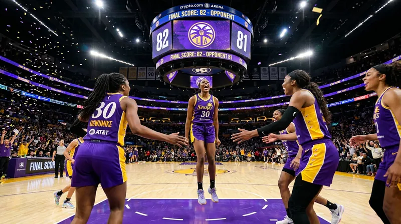 Nneka Ogwumike stands at center court in a Los Angeles Sparks jersey, holding a microphone and addressing the crowd.