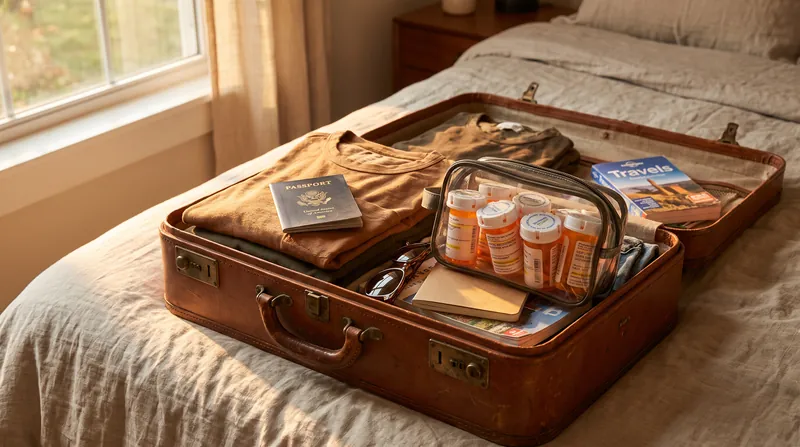 An open suitcase on a bed containing folded clothes, a passport, and a clear plastic bag filled with prescription pill bottles.