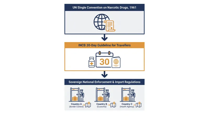 How international drug control treaties translate into the 30-day supply limit for travelers.