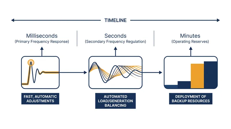 Grid stability relies on a tiered response system that reacts in milliseconds, seconds, and minutes.