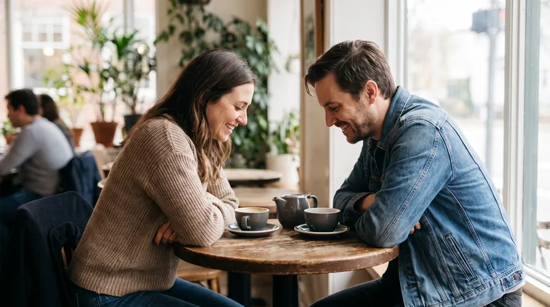 Two individuals sitting at a small cafe table, engaged in a conversation while maintaining a comfortable physical distance.