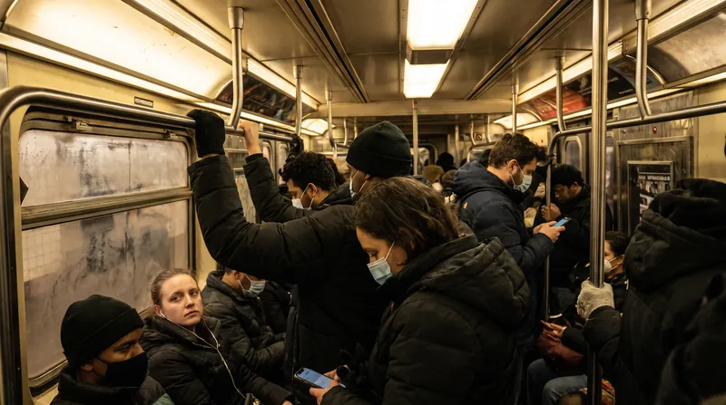 Crowded public transit forces strangers into the intimate zone, triggering instinctual avoidance behaviors like averting eye contact.
