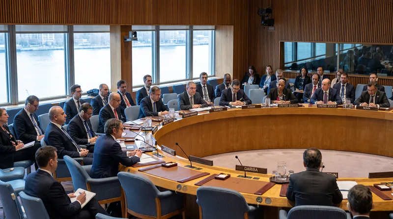 The United Nations Security Council chamber during a session, with diplomats seated at the horseshoe-shaped table.