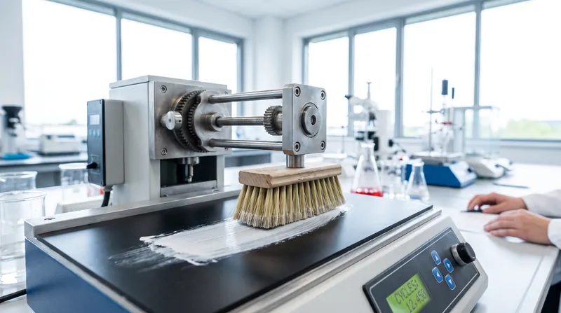 A mechanical testing machine with a nylon brush scrubbing a painted black panel in a laboratory.