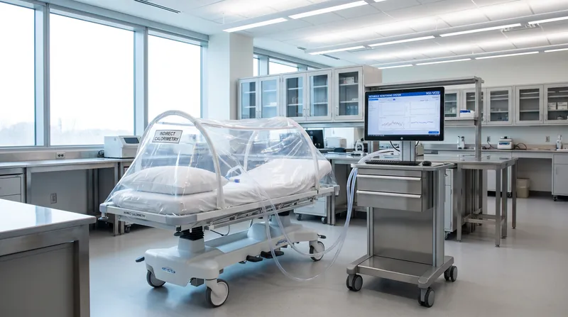 A clear plastic indirect calorimetry canopy resting on a clinical bed connected to a digital monitoring cart.